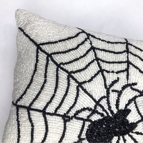 Noir Night Black Spiderweb White Beaded 16” Halloween Decor Accent Throw Pillow - Picture 7 of 15